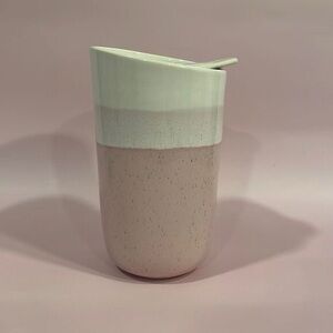 Pink Ceramic mug with lid 12 oz travel mug tea coffee Excellent Used Condition